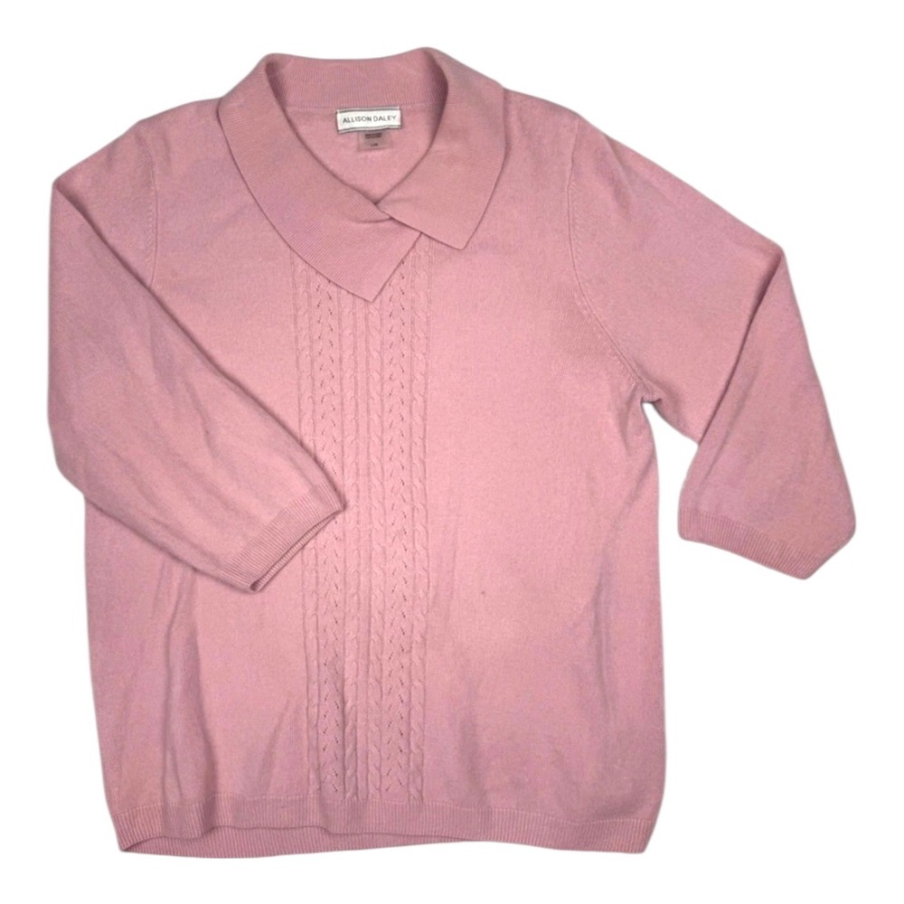 Allison Daley‎ Collared Knit Sweater Size L Short Sleeve Pink Cottage Preppy